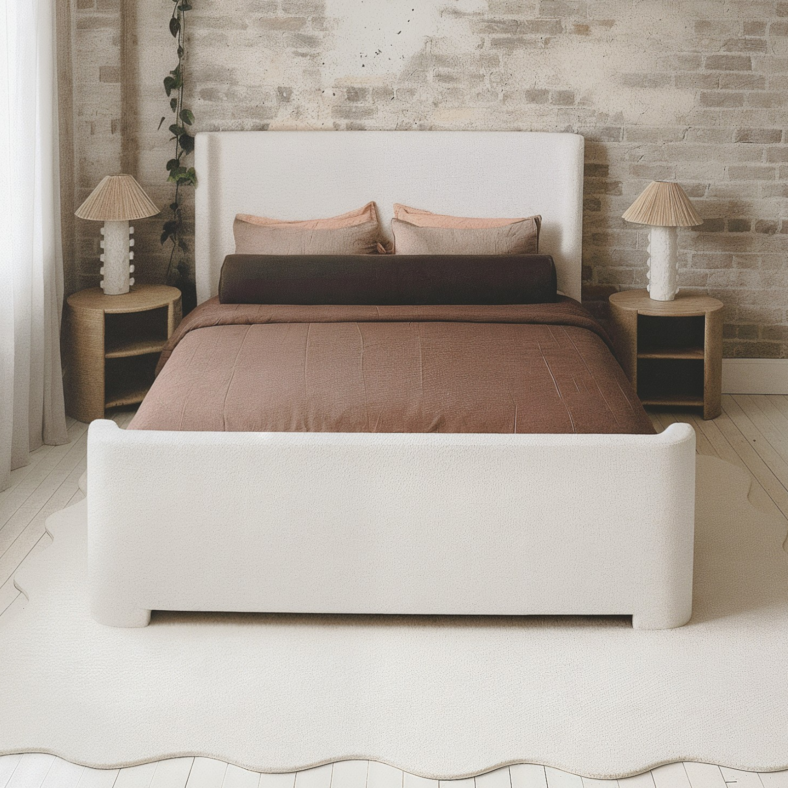 Palmira Queen Boucle Fabric Bed Frame in Cream White, featuring a low-profile sleigh silhouette with soft upholstery, nestled in a cozy bedroom setting with brown bedding and wooden nightstands.