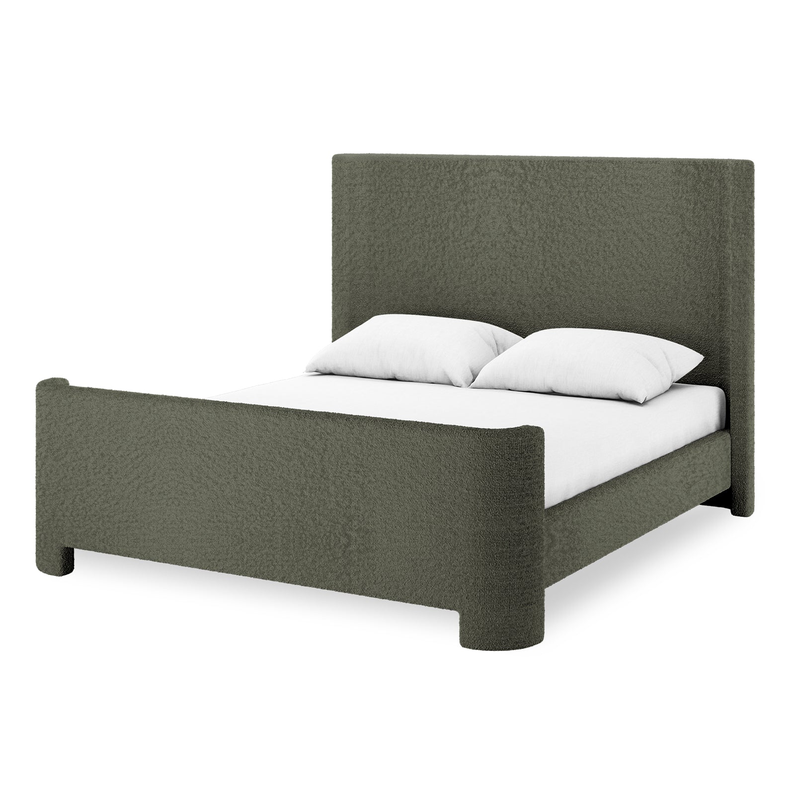 Palmira Queen Boucle Fabric Bed Frame in Dark Green, featuring a sleek upholstered sleigh design with a headboard and low footboard, dressed with a plain white fitted sheet and two white pillows.
