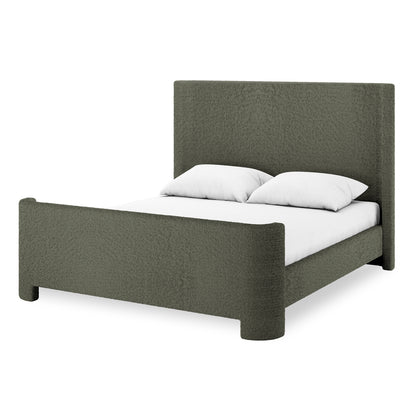 Palmira Queen Boucle Fabric Bed Frame in Dark Green, featuring a sleek upholstered sleigh design with a headboard and low footboard, dressed with a plain white fitted sheet and two white pillows.