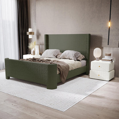 Palmira Queen Boucle Fabric Bed Frame in Dark Green showcased in a modern bedroom with low-profile design and matching headboard, complemented by neutral bedding and light wood flooring.