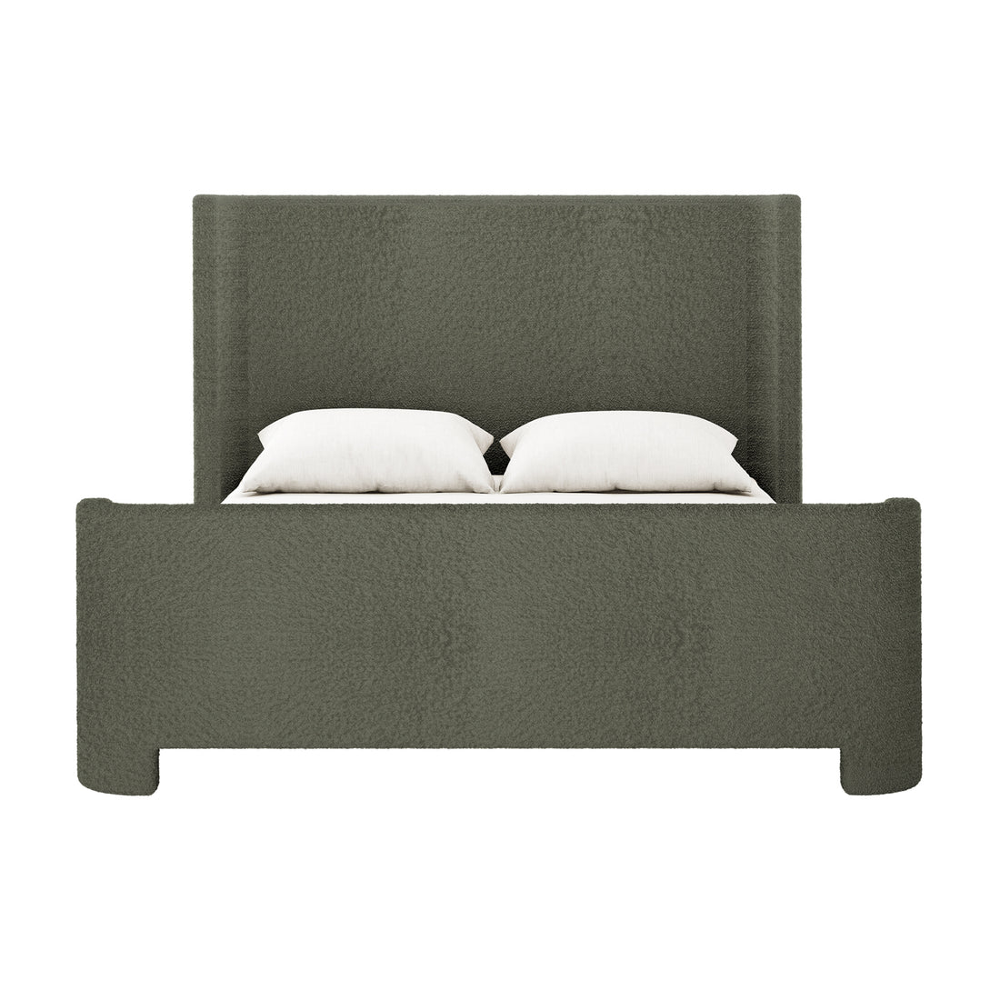 Palmira Queen Boucle Fabric Bed Frame in Dark Green, showcasing a platform style with a tall, squared‐off headboard and footboard, upholstered in textured fabric. Includes mattress and two white pillows.