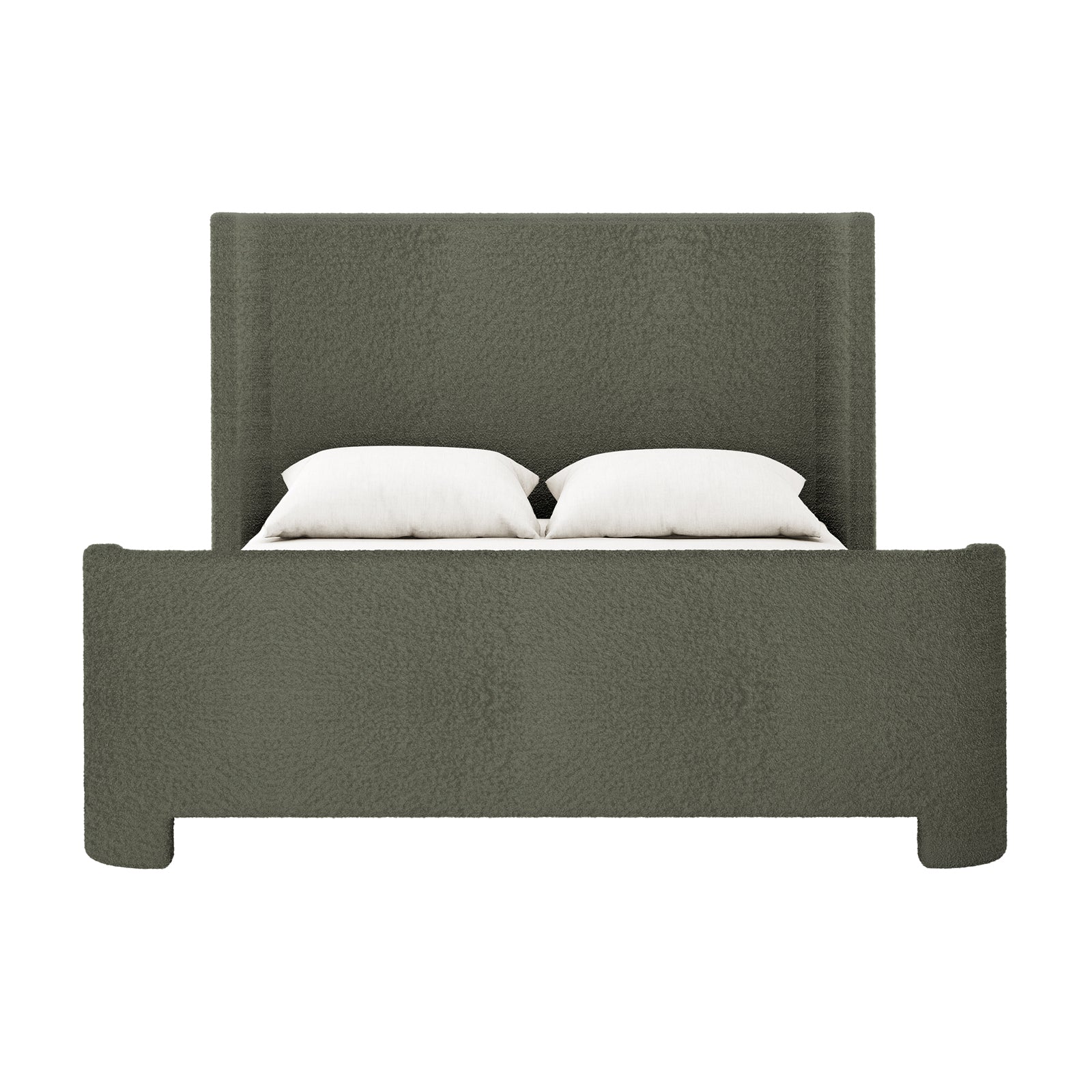 Palmira Queen Boucle Fabric Bed Frame in Dark Green, showcasing a platform style with a tall, squared‐off headboard and footboard, upholstered in textured fabric. Includes mattress and two white pillows.