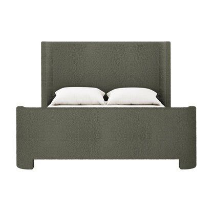 Palmira Queen Boucle Fabric Bed Frame in Dark Green, showcasing a platform style with a tall, squared‐off headboard and footboard, upholstered in textured fabric. Includes mattress and two white pillows.