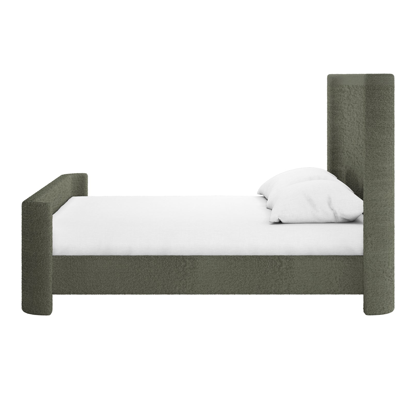 Palmira Queen Boucle Fabric Bed Frame in Dark Green features a sleek upholstered sleigh design with a tall headboard and a shorter footboard, showcasing textured olive-green fabric and a white mattress.