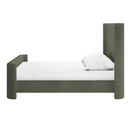Palmira Queen Boucle Fabric Bed Frame in Dark Green features a sleek upholstered sleigh design with a tall headboard and a shorter footboard, showcasing textured olive-green fabric and a white mattress.