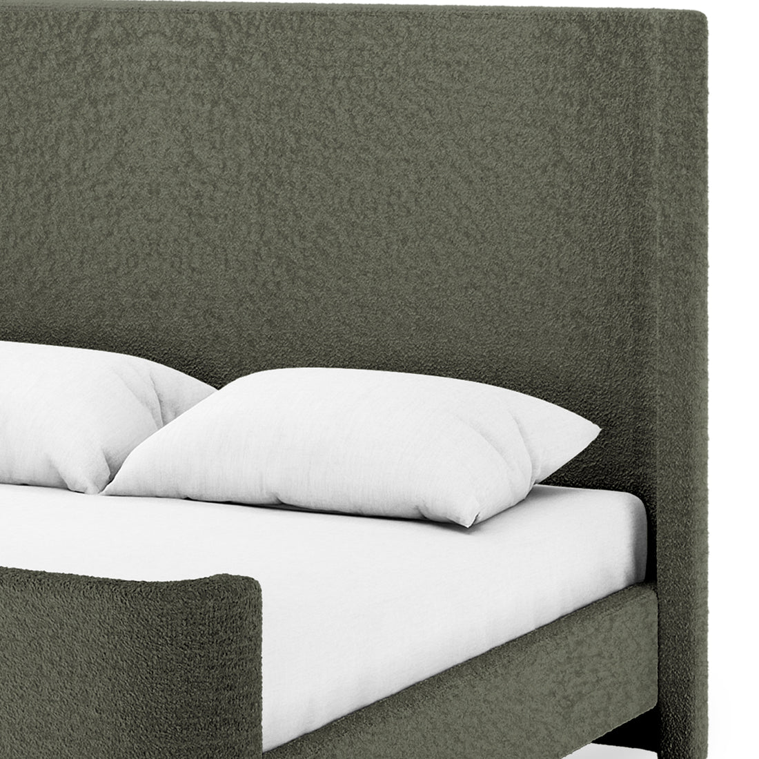 Palmira Queen Boucle Fabric Bed Frame in Dark Green, featuring a tall textured headboard and footboard, white mattress, and pillows. The sleek sleigh design offers a sophisticated, modern look.