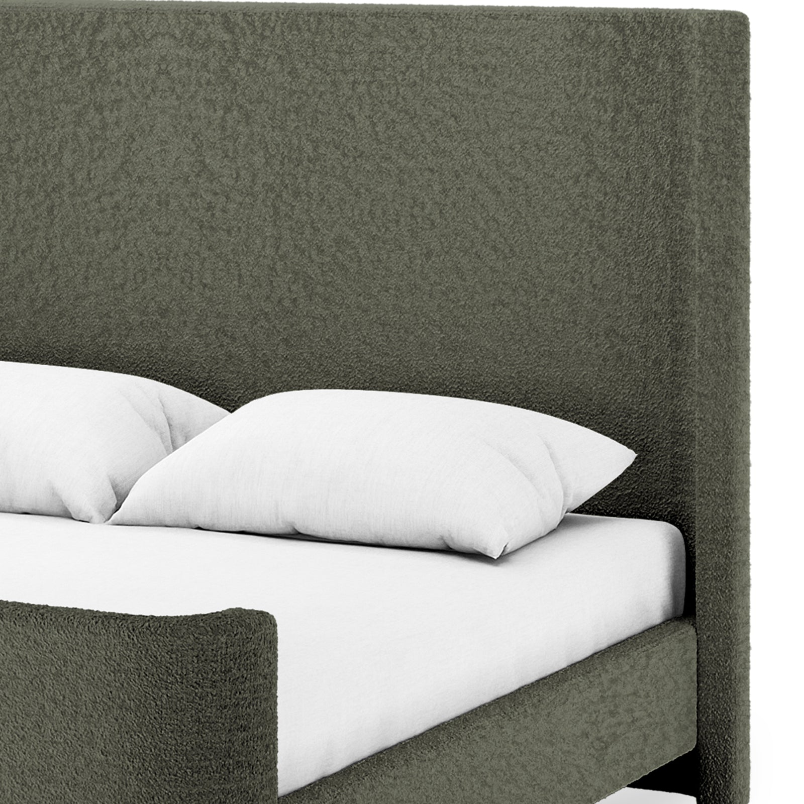 Palmira Queen Boucle Fabric Bed Frame in Dark Green, featuring a tall textured headboard and footboard, white mattress, and pillows. The sleek sleigh design offers a sophisticated, modern look.