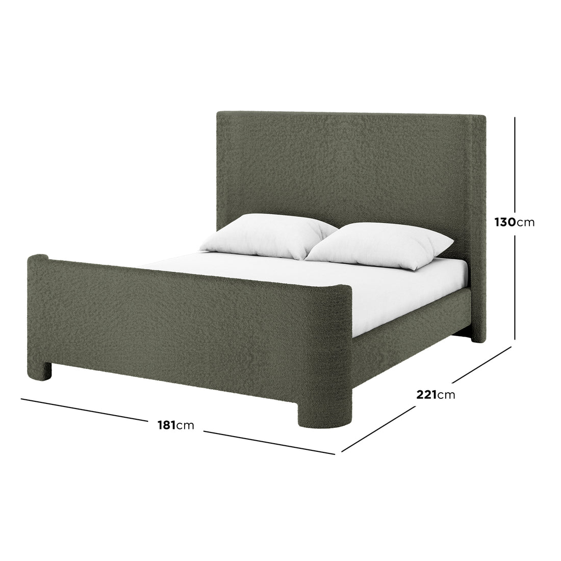 Palmira Queen Boucle Fabric Bed Frame in Dark Green features a sleek sleigh design with a tall headboard and low platform base, upholstered in dark olive-green boucle fabric, measuring 181cm by 221cm.