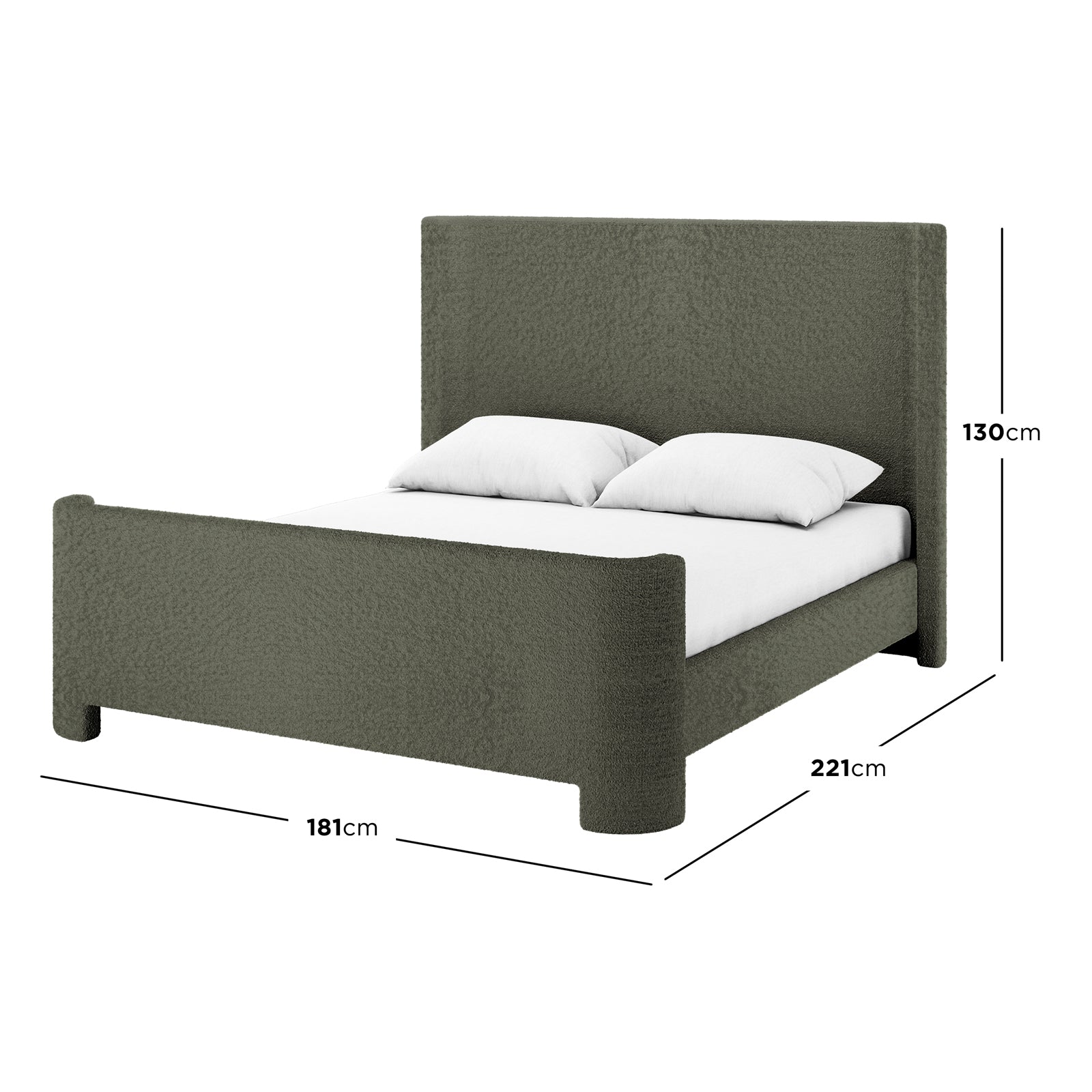Palmira Queen Boucle Fabric Bed Frame in Dark Green features a sleek sleigh design with a tall headboard and low platform base, upholstered in dark olive-green boucle fabric, measuring 181cm by 221cm.