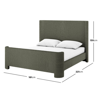 Palmira Queen Boucle Fabric Bed Frame in Dark Green features a sleek sleigh design with a tall headboard and low platform base, upholstered in dark olive-green boucle fabric, measuring 181cm by 221cm.