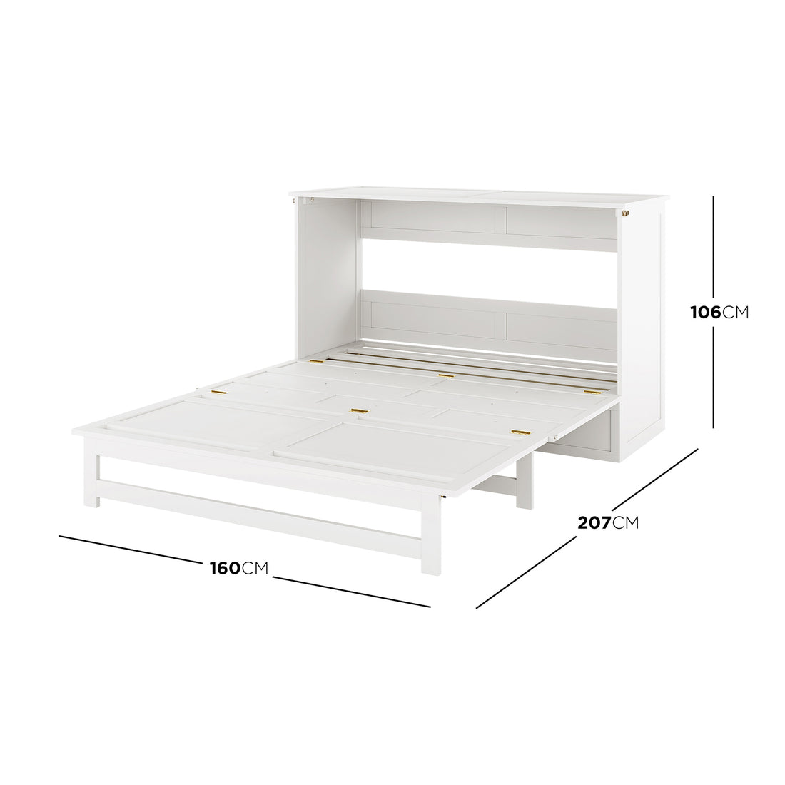 Flecter 3-Fold Queen Mattress with Penn Smart Queen Murphy Bed, showing white cabinet-style wall bed open, brass-tone hinges, dimensions: 160cm width, 207cm depth, 106cm height, ideal for space-saving living.