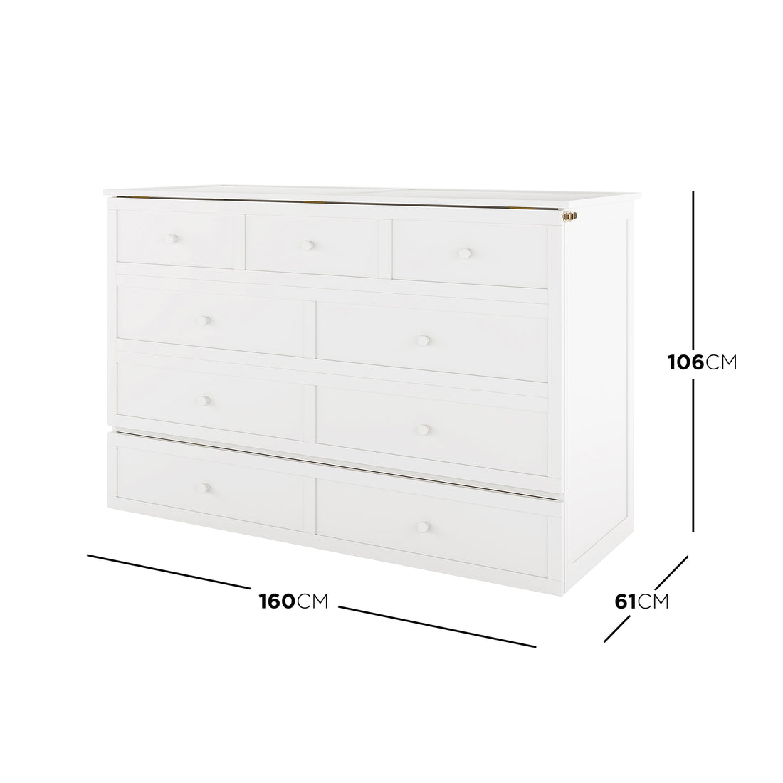 Flecter 3-Fold Queen Mattress with Penn Smart Queen Murphy Bed, showcasing eight-drawer white dresser dimensions: Width 160 cm, Depth 61 cm, Height 106 cm. Perfectly complements space-conscious living.