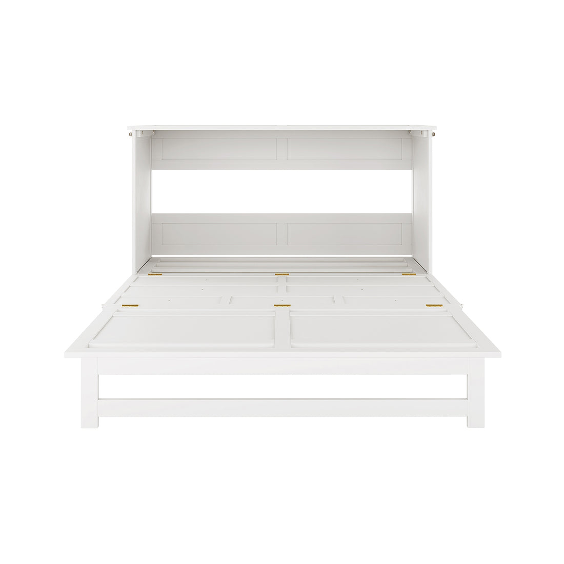 Flecter 3-Fold Queen Mattress on Penn Smart Queen Murphy Bed, shown open. White, paneled wooden frame highlights space-saving design, ideal for versatile room use with foldable mattress.