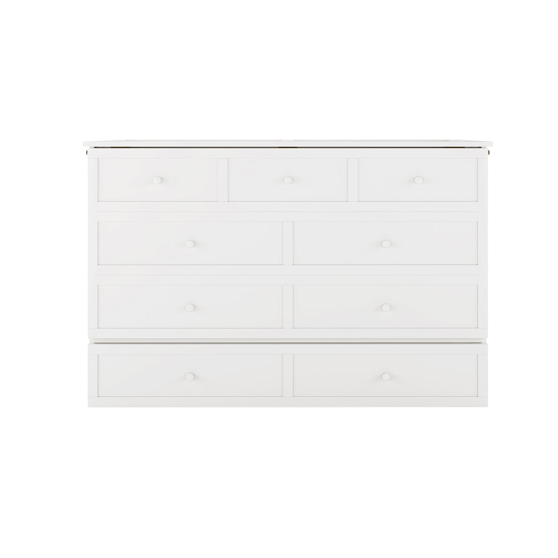 Front-angle view of the white convertible bed unit when not in use, featuring decorative drawer pulls and a solid top surface