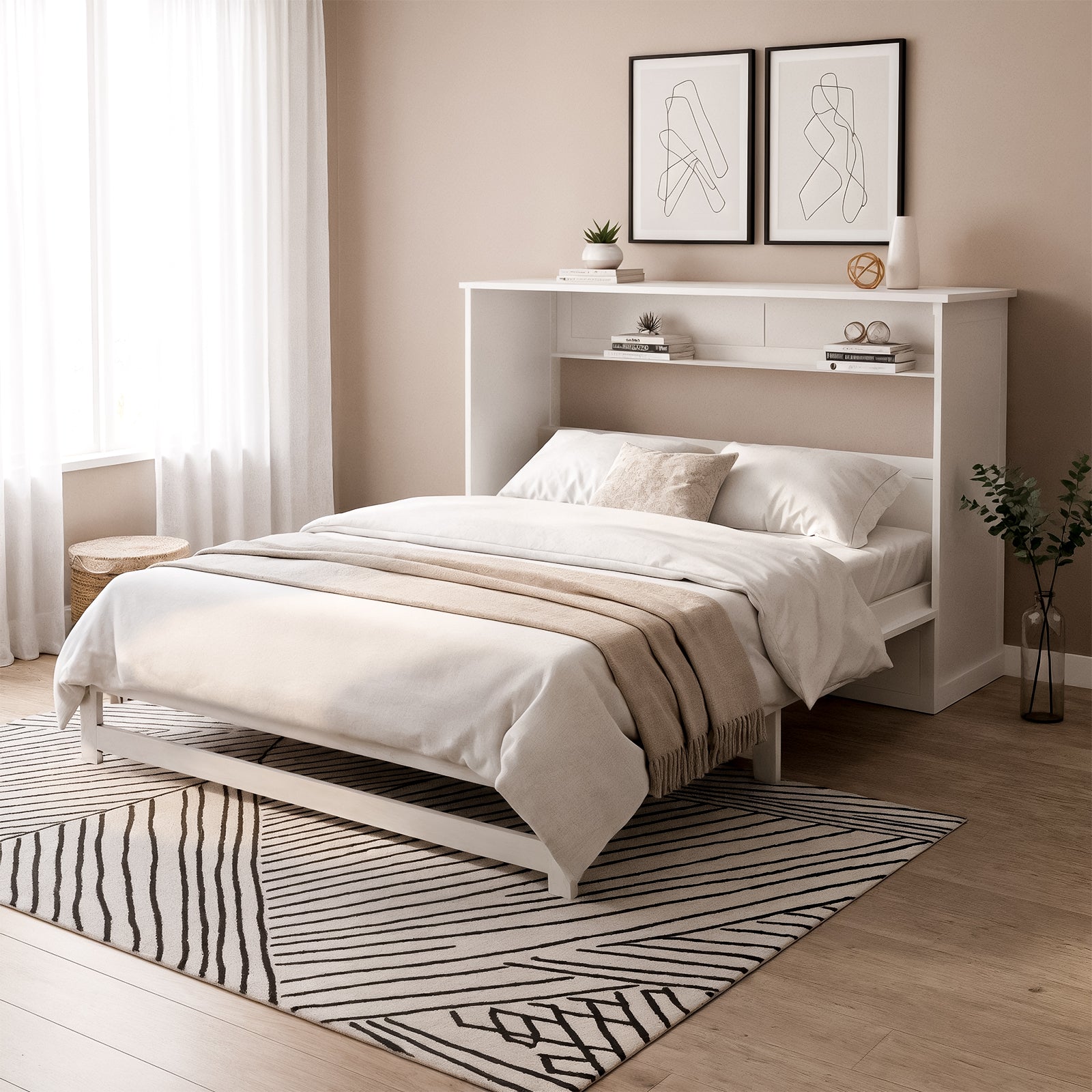 Penn Queen Smart Foldout Wall Bed with Storage in White, featuring a built-in headboard with shelves, dressed in white linens. Accented by abstract art, sheer curtains, and a light geometric rug.