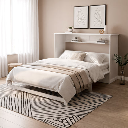 Penn Queen Smart Foldout Wall Bed with Storage in White, featuring a built-in headboard with shelves, dressed in white linens. Accented by abstract art, sheer curtains, and a light geometric rug.