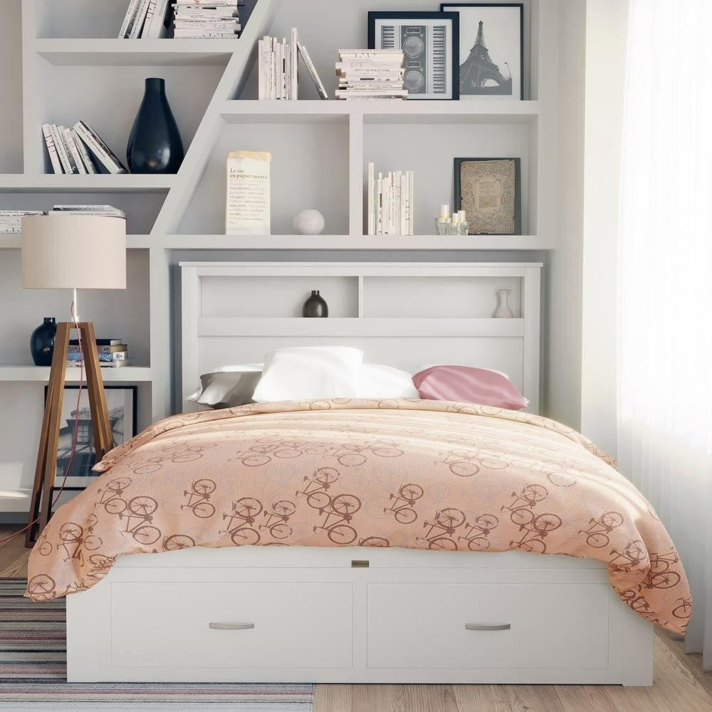 Porcia Double Bed with Storage Shelves & Drawers - White