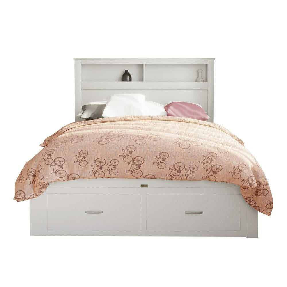 Porcia Double Bed with Storage Shelves & Drawers - White
