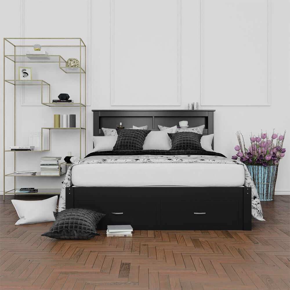 Porcia Queen Bed with Storage Shelves & Drawers - Black-Lifestyle