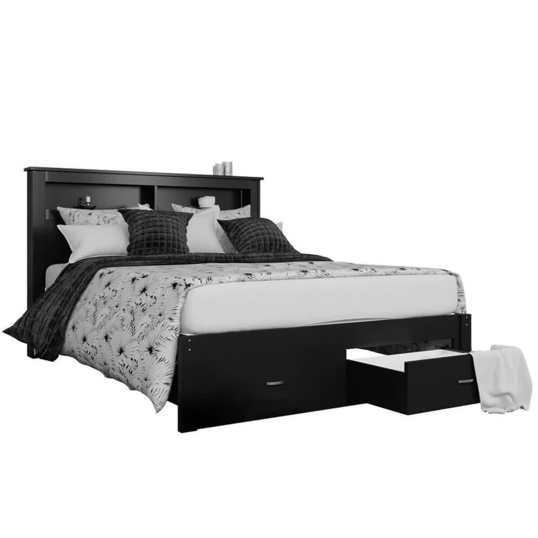 Porcia Queen Bed with Storage Shelves & Drawers - Black