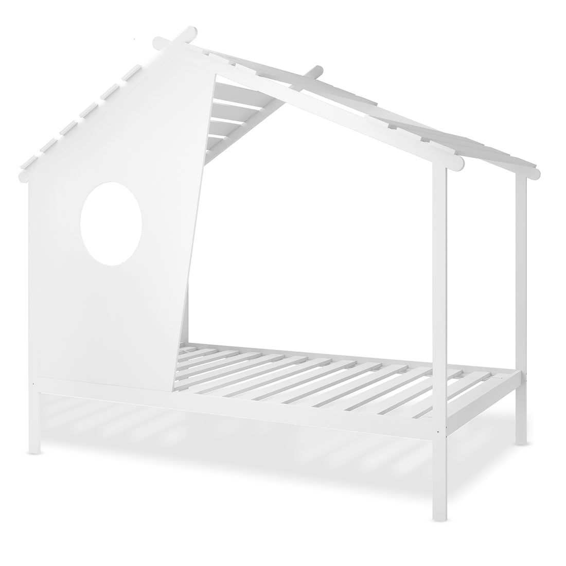 Quinta Single Solid Pine Wood Kids Bed White features a minimalist house-style design with a raised slatted platform, pitched-roof frame, and solid end panel with a round window cut-out.