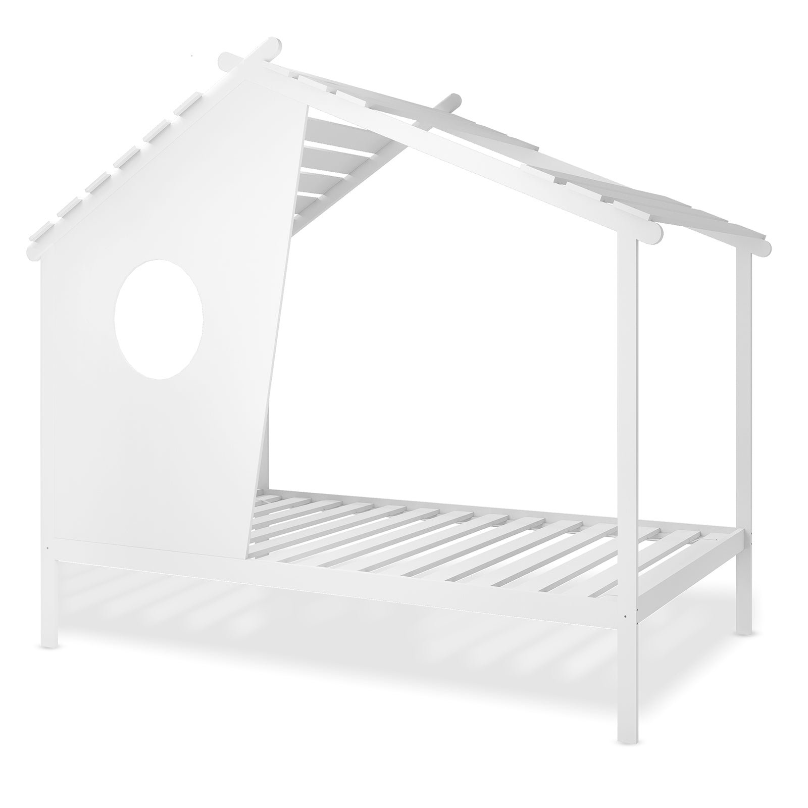 Quinta Single Solid Pine Wood Kids Bed White features a minimalist house-style design with a raised slatted platform, pitched-roof frame, and solid end panel with a round window cut-out.
