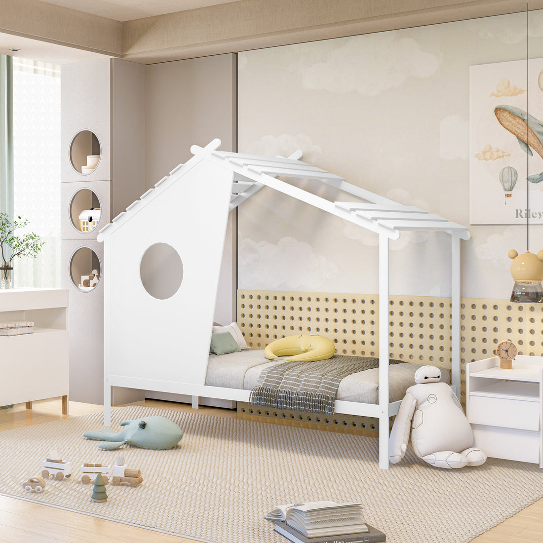 Quinta Single Solid Pine Wood Kids Bed White with an A-frame roof and porthole, featuring a grey/green plaid blanket and yellow bolster, set in a playful children's room.