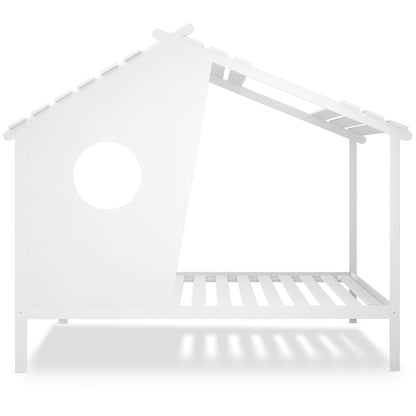 Quinta Single Solid Pine Wood Kids Bed White features a house-shaped frame with a pitched roof and a round window cutout, emphasizing imaginative play, sturdy construction, and a slatted base for standard mattresses.