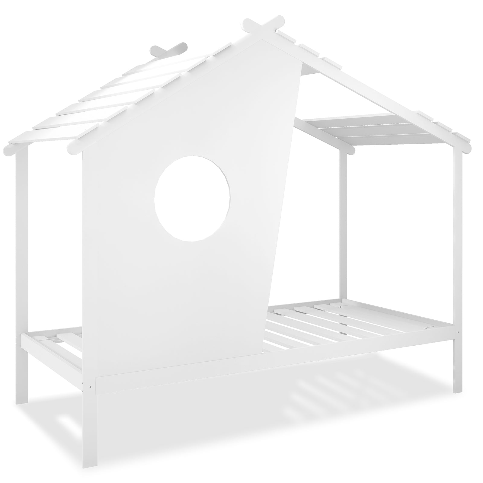 The Quinta Single Solid Pine Wood Kids Bed White features a house-shaped design with a pitched roof, circular window cut-out, and slatted platform, offering a playful and sturdy sleep space.