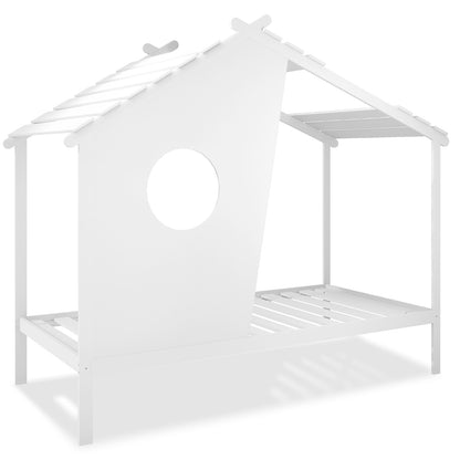 The Quinta Single Solid Pine Wood Kids Bed White features a house-shaped design with a pitched roof, circular window cut-out, and slatted platform, offering a playful and sturdy sleep space.