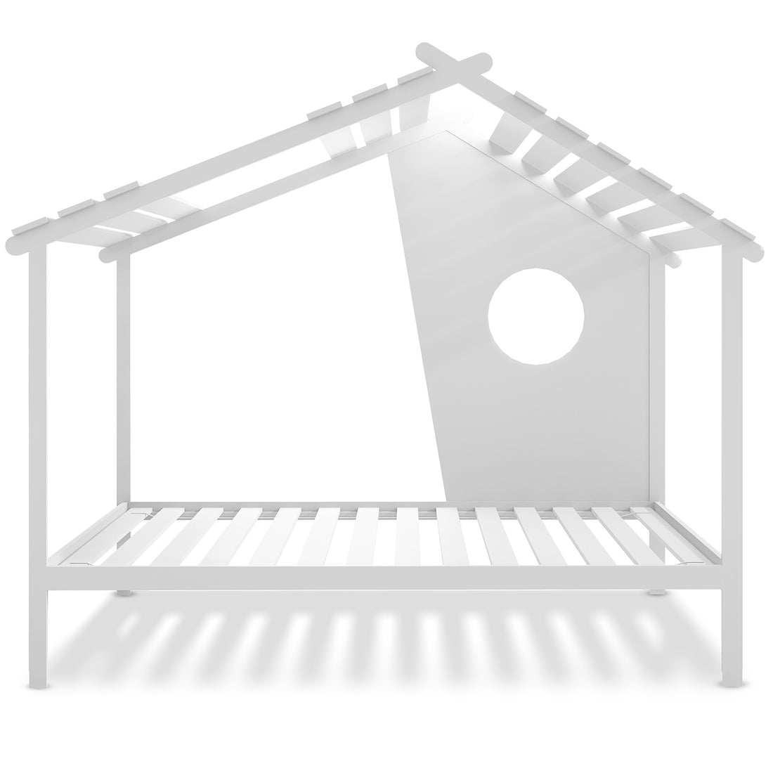 Quinta Single Solid Pine Wood Kids Bed features a minimalist, house-shaped frame with a pitched roof, slatted base, and side panel window, offering a playful yet sturdy sleep space.