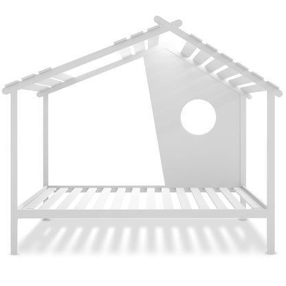 Quinta Single Solid Pine Wood Kids Bed features a minimalist, house-shaped frame with a pitched roof, slatted base, and side panel window, offering a playful yet sturdy sleep space.