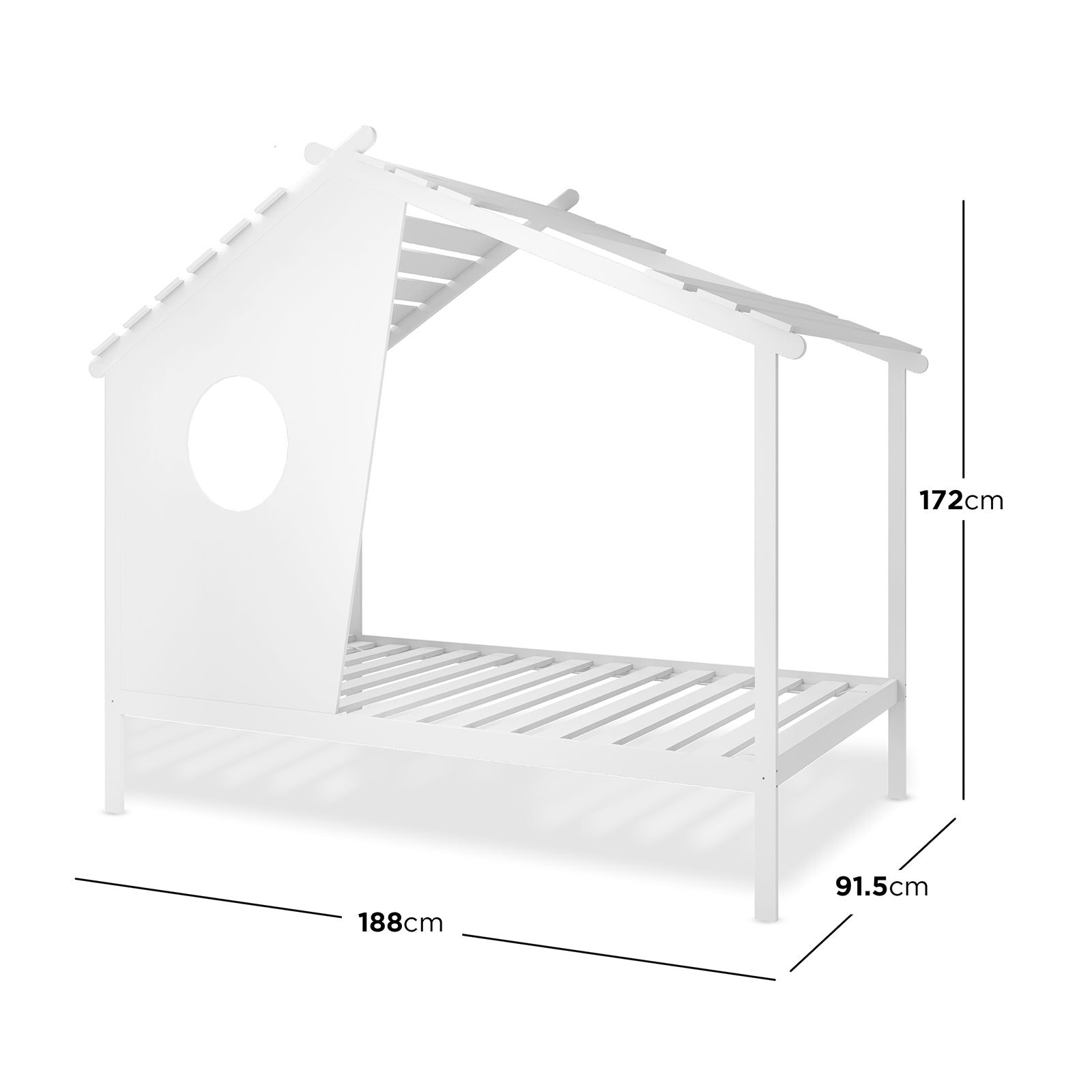 Quinta Single Solid Pine Wood Kids Bed White, designed as a house-shaped frame with a peaked roof and window cutout, stands elevated on straight legs, showcasing its cozy playhut appeal.