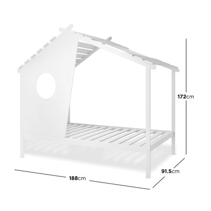 Quinta Single Solid Pine Wood Kids Bed White, designed as a house-shaped frame with a peaked roof and window cutout, stands elevated on straight legs, showcasing its cozy playhut appeal.