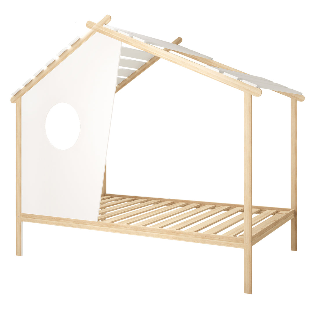Quinta Single Solid Pine Wood Kids Bed features a minimalist house-shaped frame with light-wood posts, a slatted base, and a side panel with a round window, ready for imaginative play.