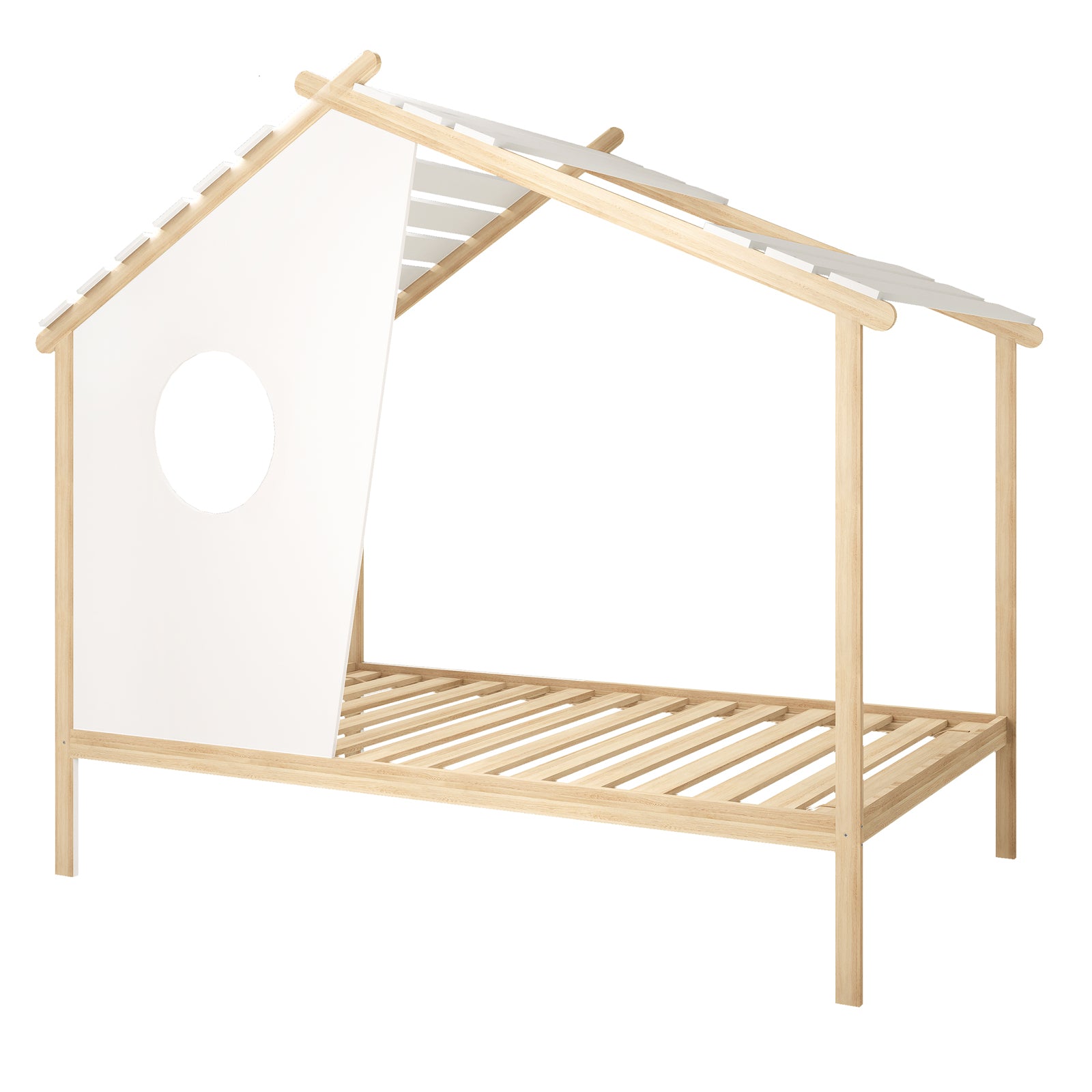Quinta Single Solid Pine Wood Kids Bed features a minimalist house-shaped frame with light-wood posts, a slatted base, and a side panel with a round window, ready for imaginative play.