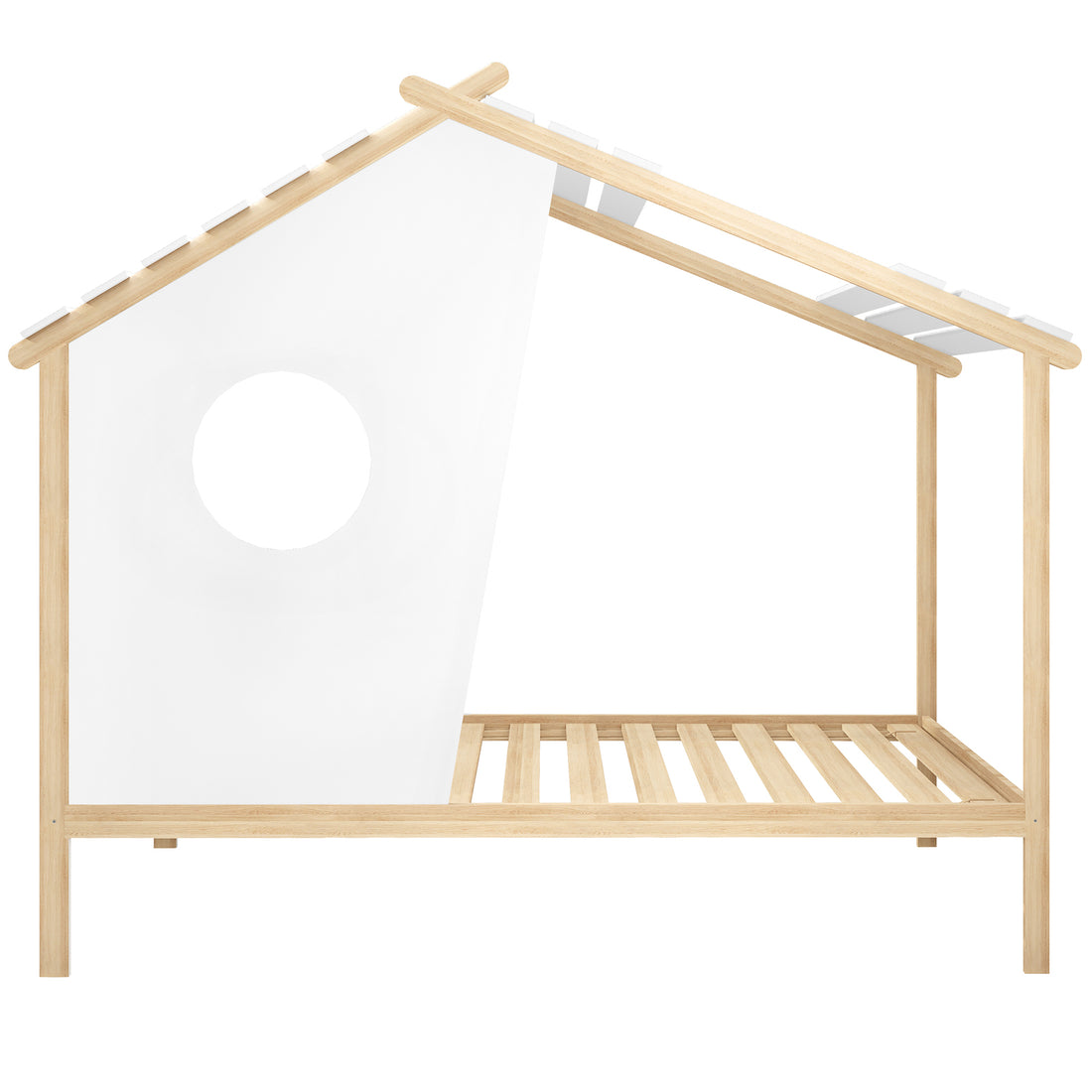 Quinta Single Solid Pine Wood Kids Bed features a natural wood house-style frame with a peaked roof outline, slatted base, and white fabric side panel with a round cut-out window.