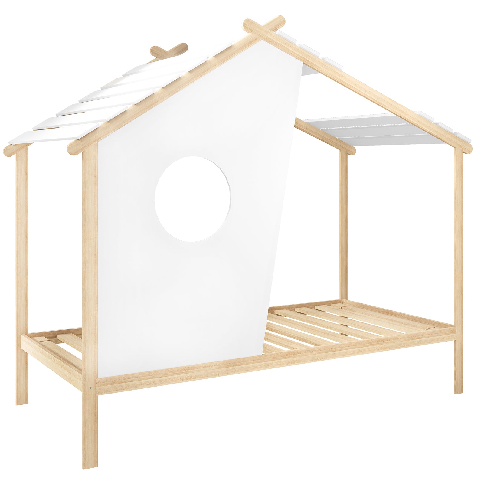 Quinta Single Solid Pine Wood Kids Bed White & Natural, house-shaped frame with slatted roof beams and white panel gable wall, featuring a circular window, crafted from light-finished wood.