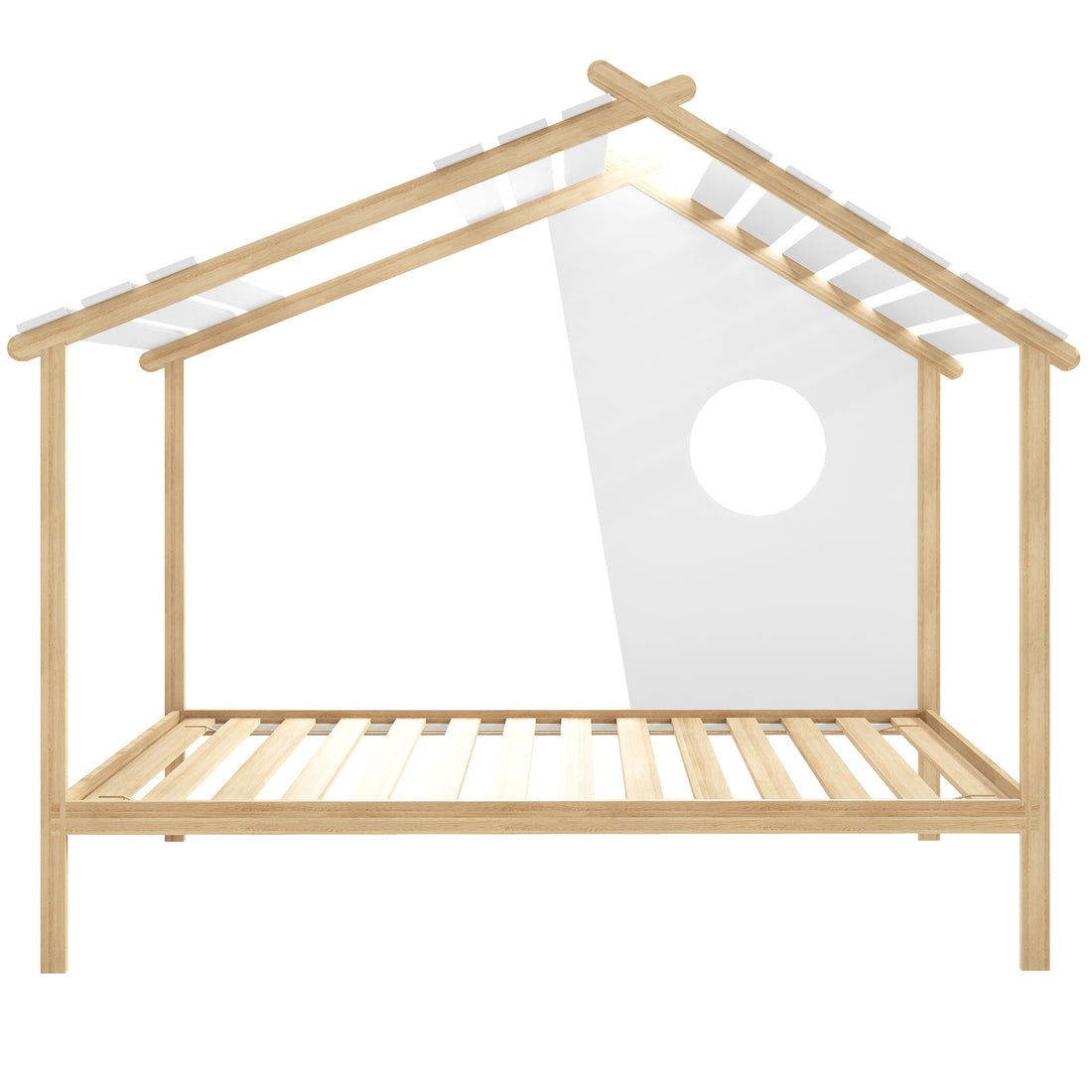Quinta Single Solid Pine Wood Kids Bed features a minimalist house-shaped frame with four posts and a peaked roof, slatted base, and a side panel with a round cut-out window.