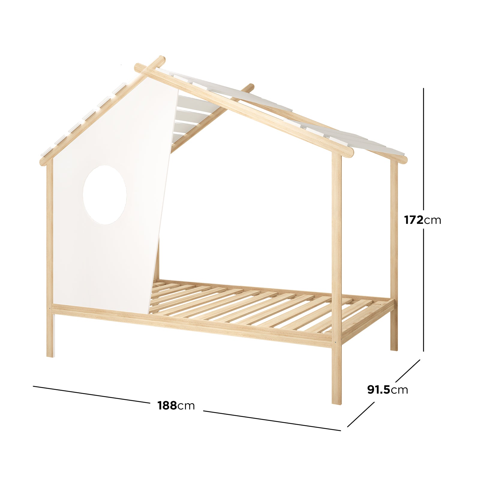 Dimension of the Quinta Single Solid Pine Wood Kids Bed features a light wood frame with a peaked-roof design, white side panel with window cut-out, and sturdy wooden slats for a cozy, imaginative sleep environment.