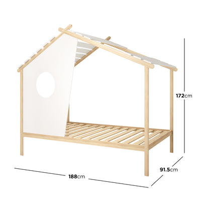 Dimension of the Quinta Single Solid Pine Wood Kids Bed features a light wood frame with a peaked-roof design, white side panel with window cut-out, and sturdy wooden slats for a cozy, imaginative sleep environment.