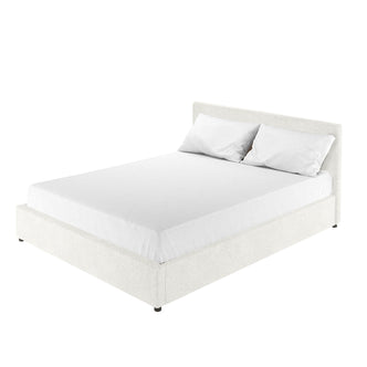 Renata Queen Bouclé Gas Lift Bed Frame in Cream White, featuring a low-profile upholstered frame with a matching headboard, topped by a mattress with plain white linens and two white pillows.