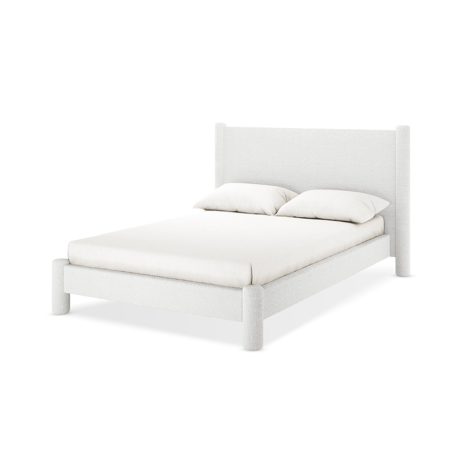 Rhoda Double Boucle Fabric Bed Frame in Cream White features a low-profile frame, upholstered headboard, and rounded foot posts, paired with a plain white mattress and two pillows.