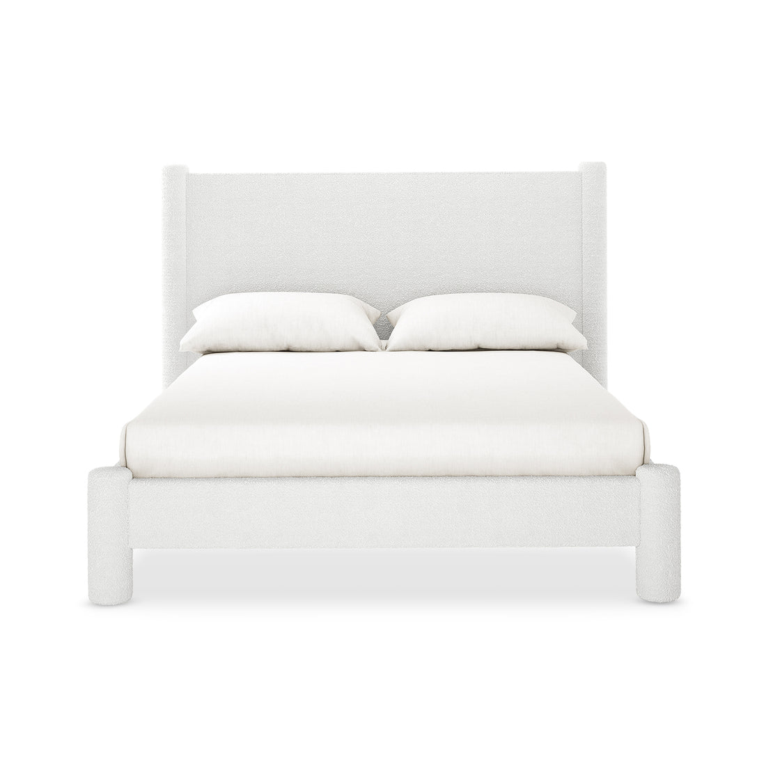 Rhoda Double Boucle Fabric Bed Frame in Cream White features a tall, slightly winged headboard, low side rails, and footboard, fully upholstered in soft bouclé fabric, resting on short cylindrical legs.