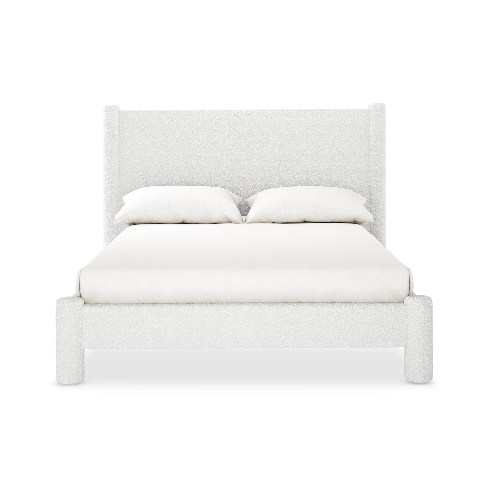 Rhoda Double Boucle Fabric Bed Frame in Cream White features a tall, slightly winged headboard, low side rails, and footboard, fully upholstered in soft bouclé fabric, resting on short cylindrical legs.