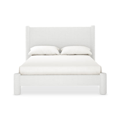 Rhoda Double Boucle Fabric Bed Frame in Cream White features a tall, slightly winged headboard, low side rails, and footboard, fully upholstered in soft bouclé fabric, resting on short cylindrical legs.
