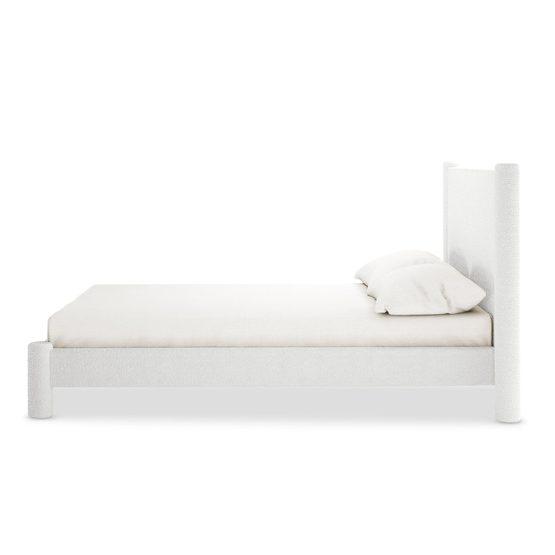 Rhoda Double Boucle Fabric Bed Frame in Cream White features a low-profile, upholstered platform with a tall, curved headboard, plush fabric texture, and a solid wood frame, showcasing modern elegance.