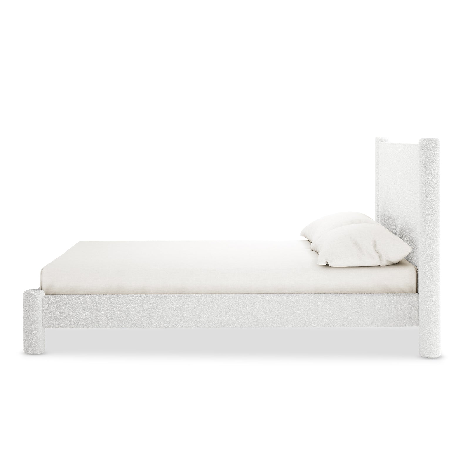 Rhoda Double Boucle Fabric Bed Frame in Cream White features a low-profile, upholstered platform with a tall, curved headboard, plush fabric texture, and a solid wood frame, showcasing modern elegance.