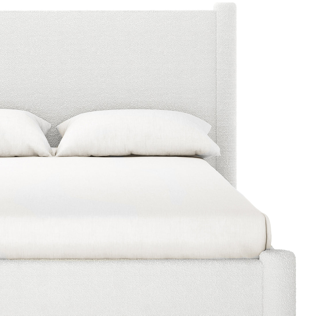 Rhoda Double Boucle Fabric Bed Frame in Cream White features a simple, modern headboard with white sheets and pillows, highlighting its plush bouclé upholstery and oversized curved design.