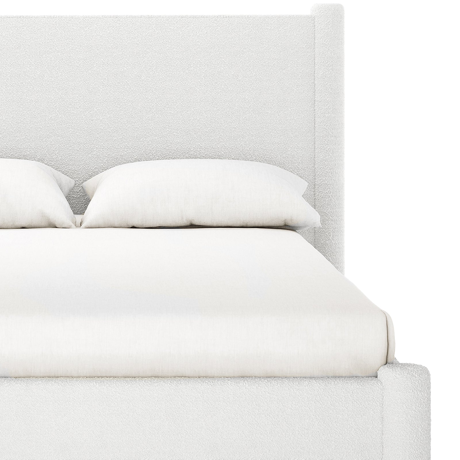 Rhoda Double Boucle Fabric Bed Frame in Cream White features a simple, modern headboard with white sheets and pillows, highlighting its plush bouclé upholstery and oversized curved design.